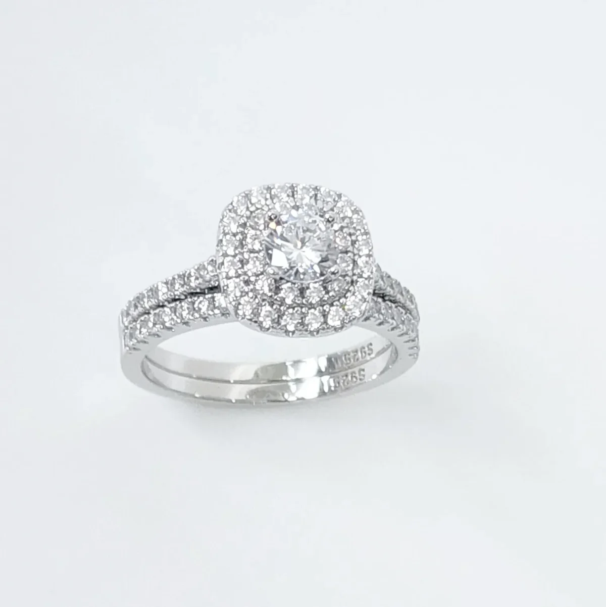 Sterling Silver Round Cut Double-Halo Engagement Ring & Matching Wedding Band with CZ Setting