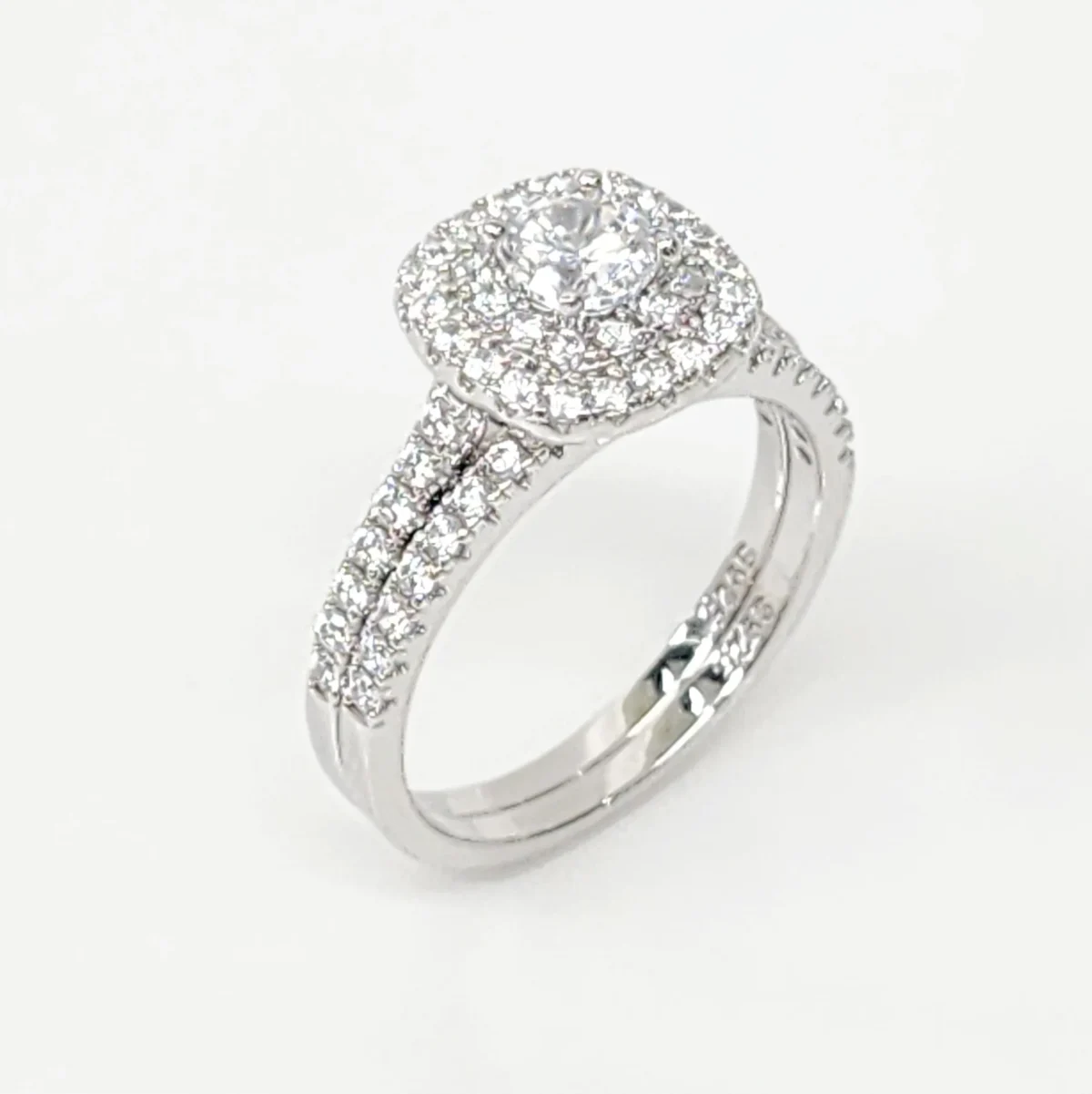 Sterling Silver Round Cut Double-Halo Engagement Ring & Matching Wedding Band with CZ Setting