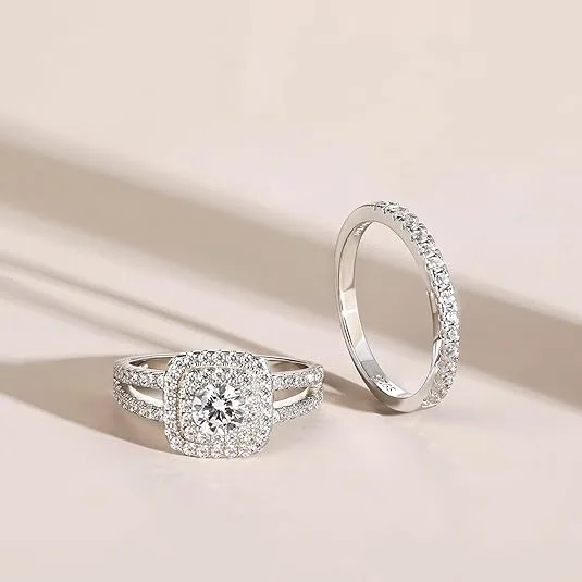 Sterling Silver Round Cut Double-Halo Engagement Ring & Matching Wedding Band with CZ Setting