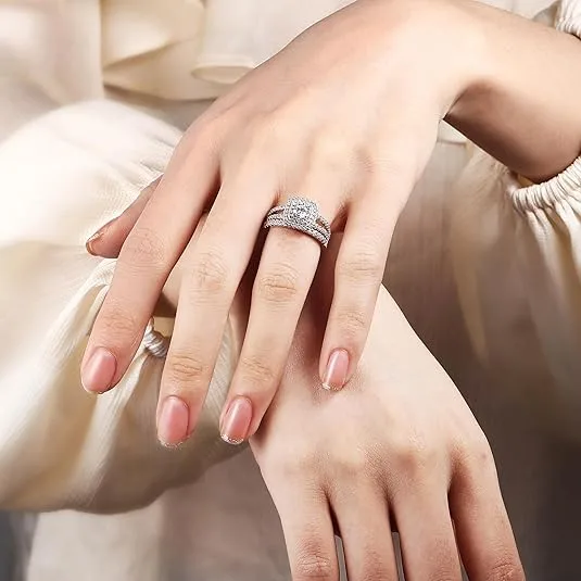 Sterling Silver Round Cut Double-Halo Engagement Ring & Matching Wedding Band with CZ Setting