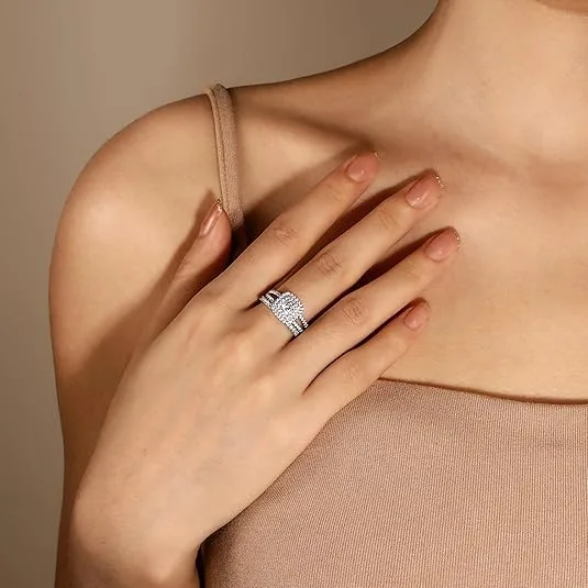Sterling Silver Round Cut Double-Halo Engagement Ring & Matching Wedding Band with CZ Setting