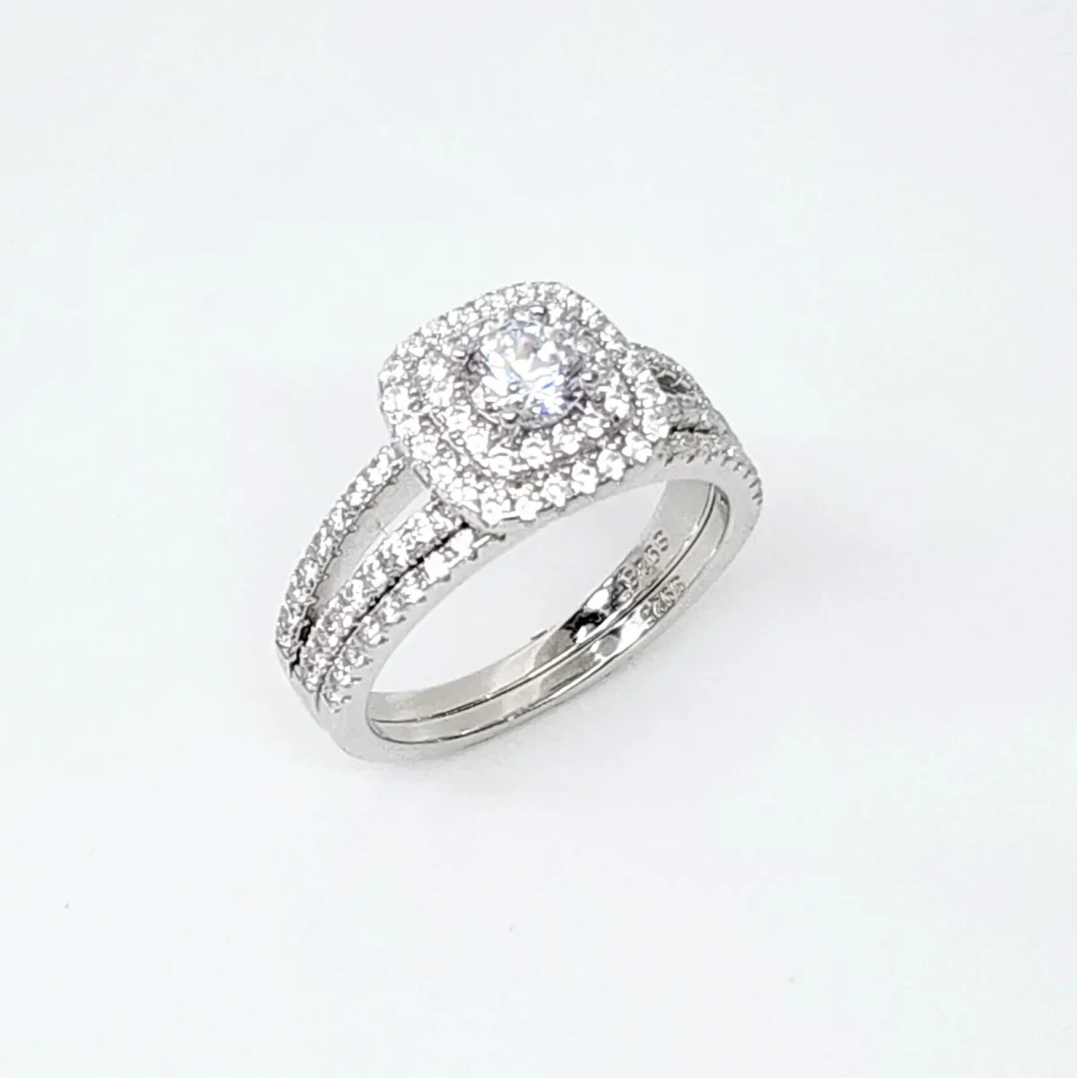 Sterling Silver Round Cut Double-Halo Engagement Ring & Matching Wedding Band with CZ Setting