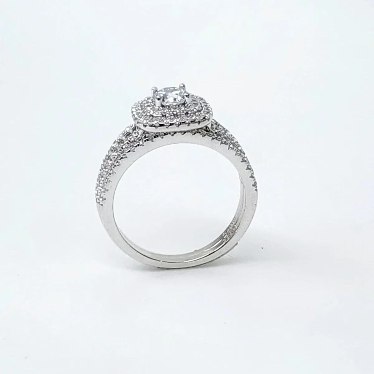 Sterling Silver Round Cut Double-Halo Engagement Ring & Matching Wedding Band with CZ Setting