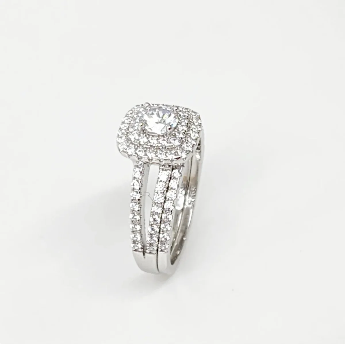 Sterling Silver Round Cut Double-Halo Engagement Ring & Matching Wedding Band with CZ Setting