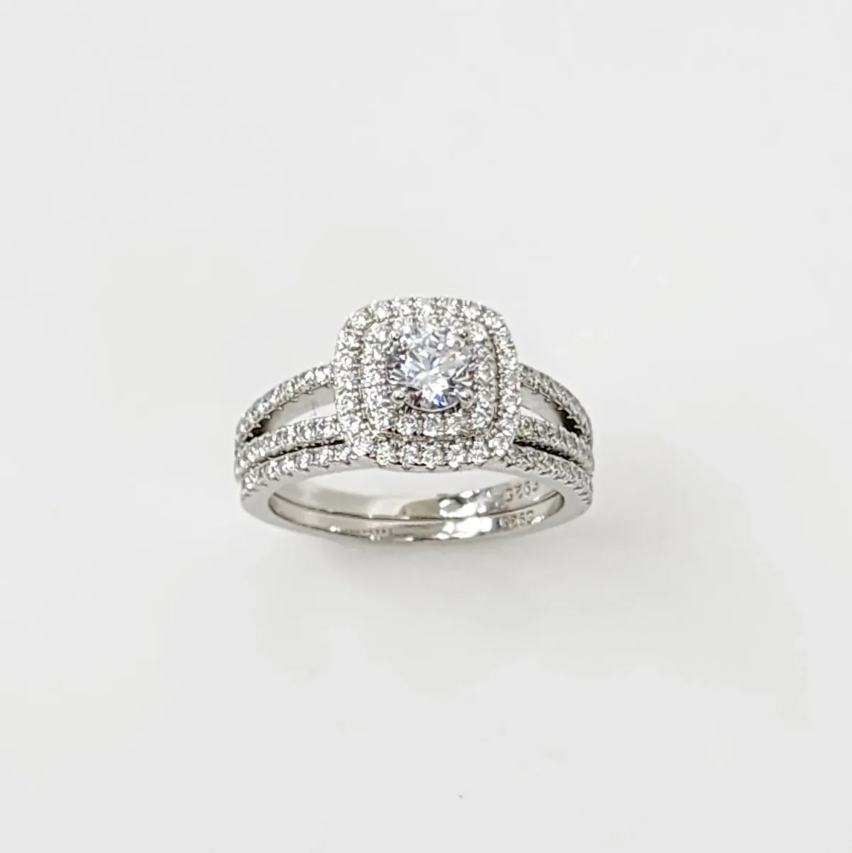 Sterling Silver Round Cut Double-Halo Engagement Ring & Matching Wedding Band with CZ Setting