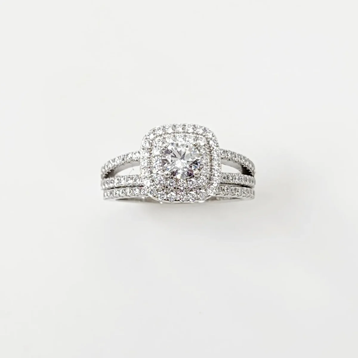 Sterling Silver Round Cut Double-Halo Engagement Ring & Matching Wedding Band with CZ Setting