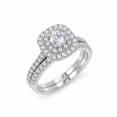 Sterling Silver Round Cut Double-Halo Engagement Ring & Matching Wedding Band with CZ Setting