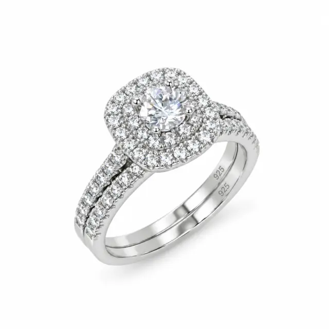 Sterling Silver Round Cut Double-Halo Engagement Ring & Matching Wedding Band with CZ Setting