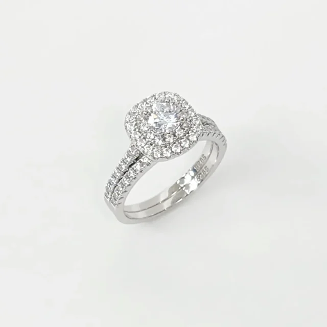 Sterling Silver Round Cut Double-Halo Engagement Ring & Matching Wedding Band with CZ Setting