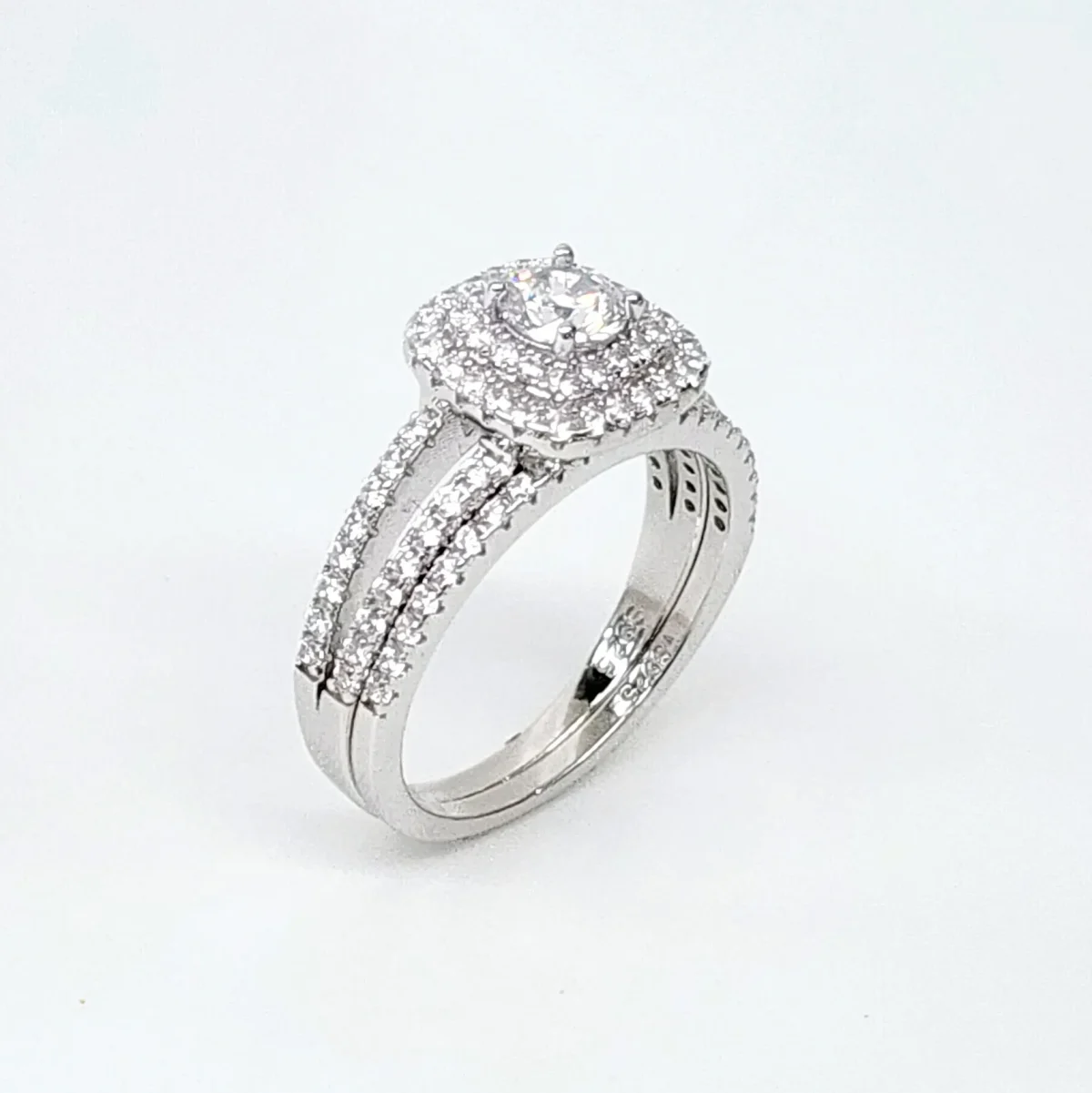 Sterling Silver Round Cut Double-Halo Engagement Ring & Matching Wedding Band with CZ Setting