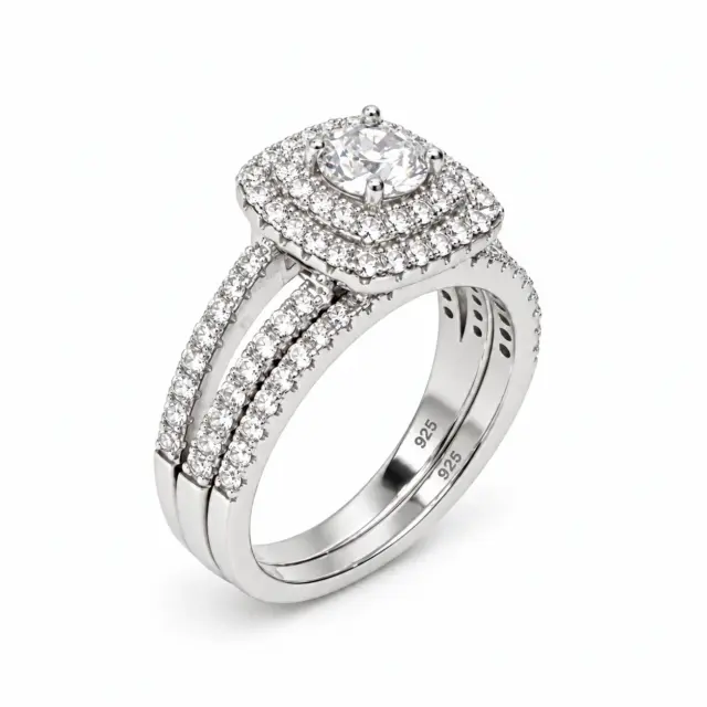 Sterling Silver Round Cut Double-Halo Engagement Ring & Matching Wedding Band with CZ Setting