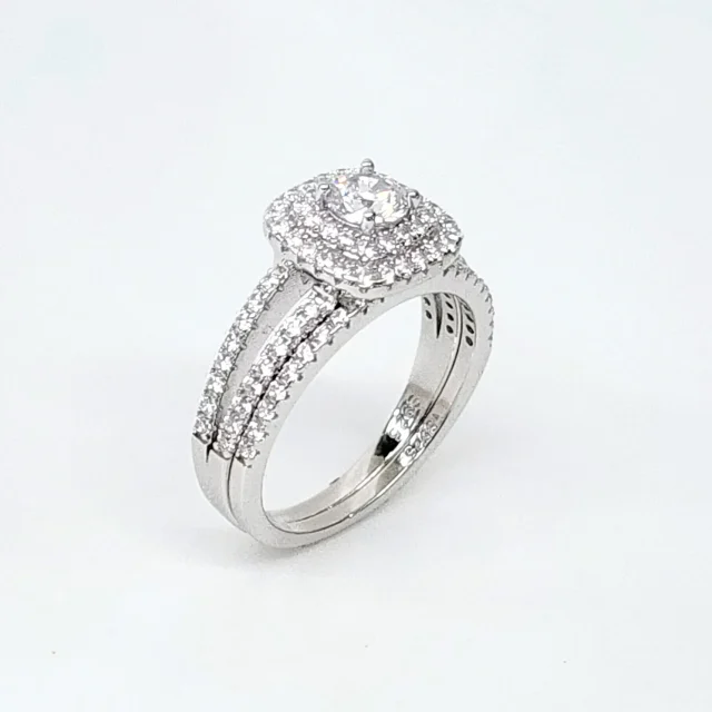 Sterling Silver Round Cut Double-Halo Engagement Ring & Matching Wedding Band with CZ Setting