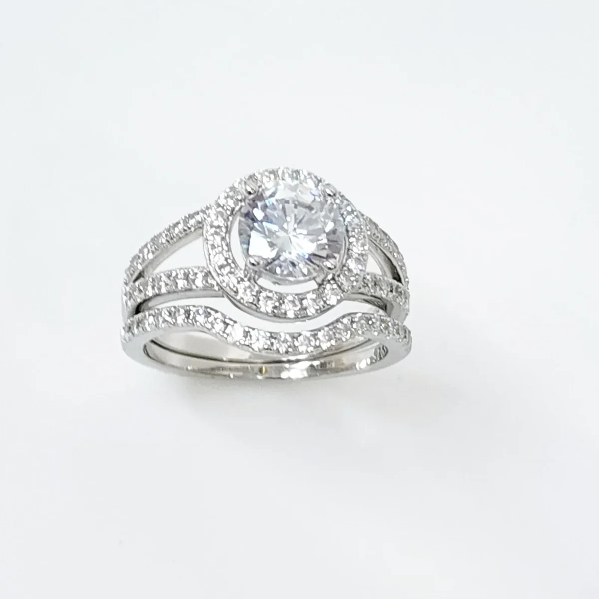 Sterling Silver Round Cut Halo Engagement Ring with Split Shank & Matching Wedding Band with CZ Setting