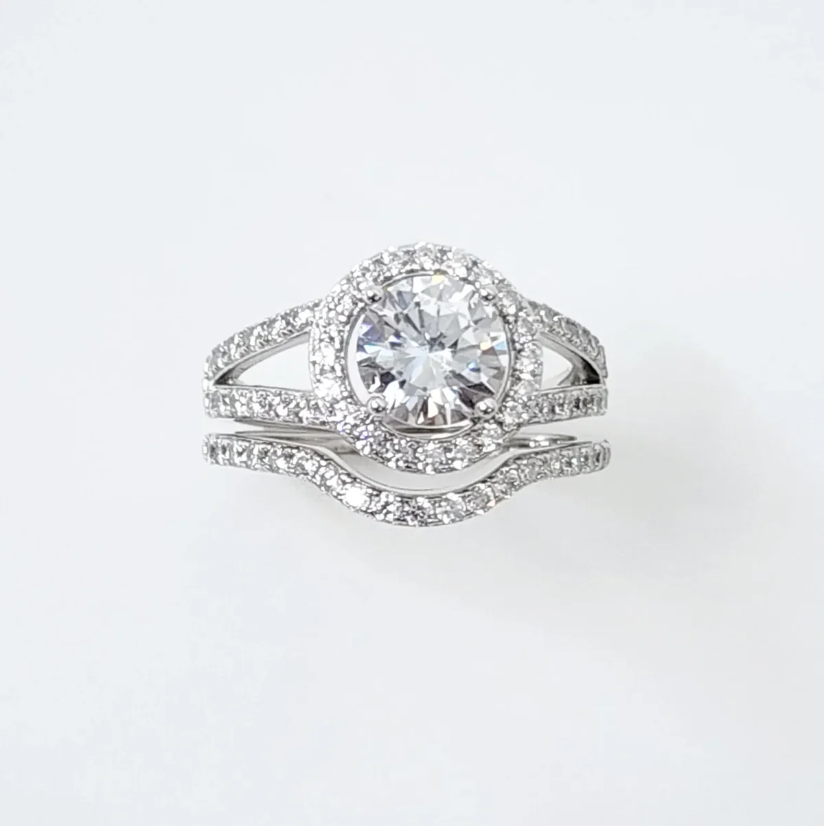 Sterling Silver Round Cut Halo Engagement Ring with Split Shank & Matching Wedding Band with CZ Setting