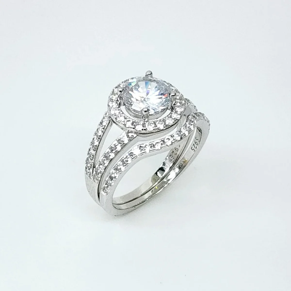 Sterling Silver Round Cut Halo Engagement Ring with Split Shank & Matching Wedding Band with CZ Setting