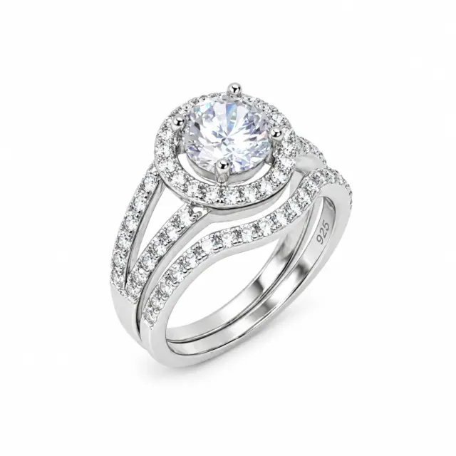 Sterling Silver Round Cut Halo Engagement Ring with Split Shank & Matching Wedding Band with CZ Setting