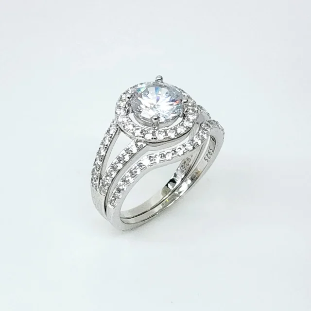 Sterling Silver Round Cut Halo Engagement Ring with Split Shank & Matching Wedding Band with CZ Setting