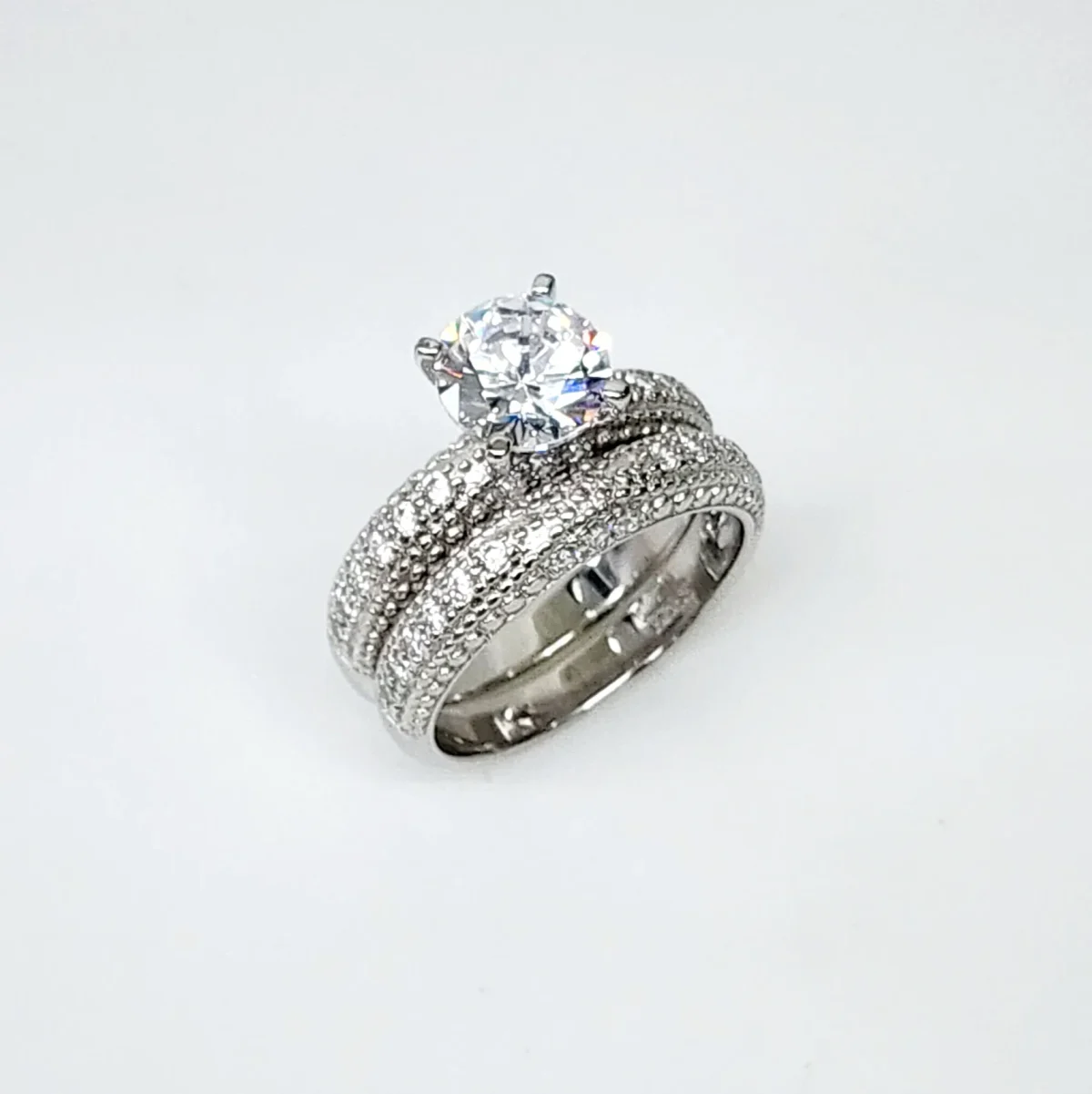 Sterling Silver Round Cut Solitaire Bridal Wedding Set with Matching Micro Pave Wedding Band