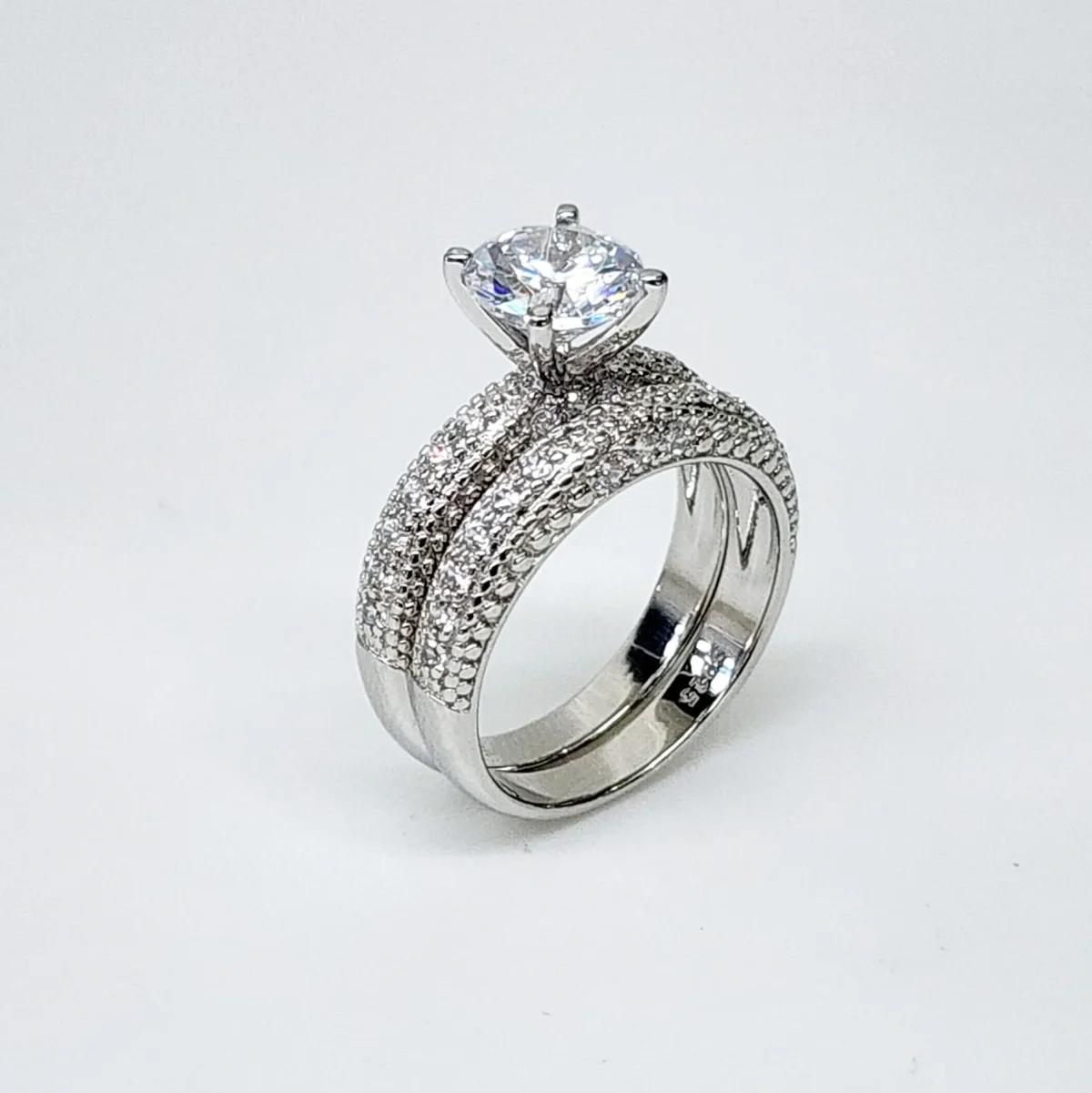 Sterling Silver Round Cut Solitaire Bridal Wedding Set with Matching Micro Pave Wedding Band
