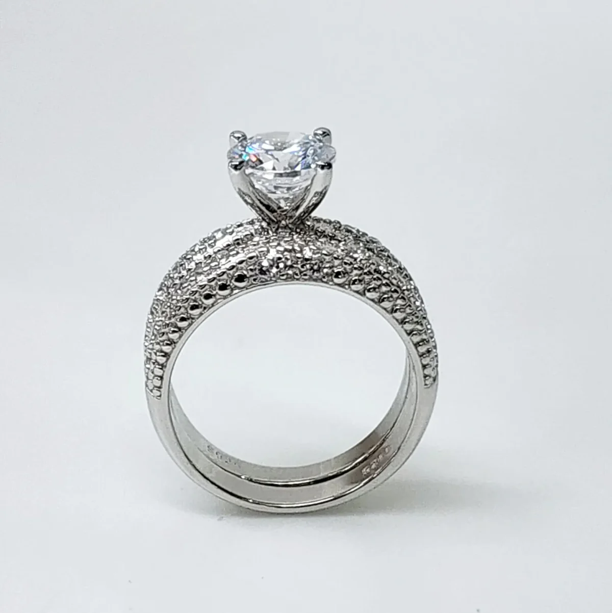 Sterling Silver Round Cut Solitaire Bridal Wedding Set with Matching Micro Pave Wedding Band