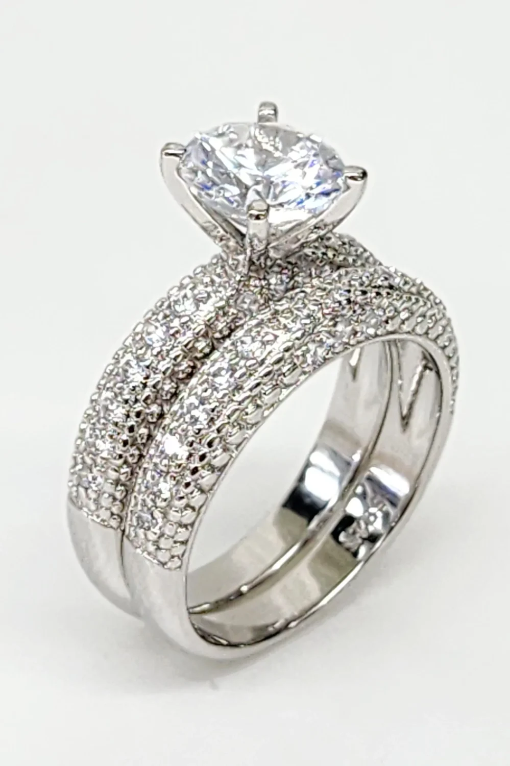 Sterling Silver Round Cut Solitaire Bridal Wedding Set with Matching Micro Pave Wedding Band