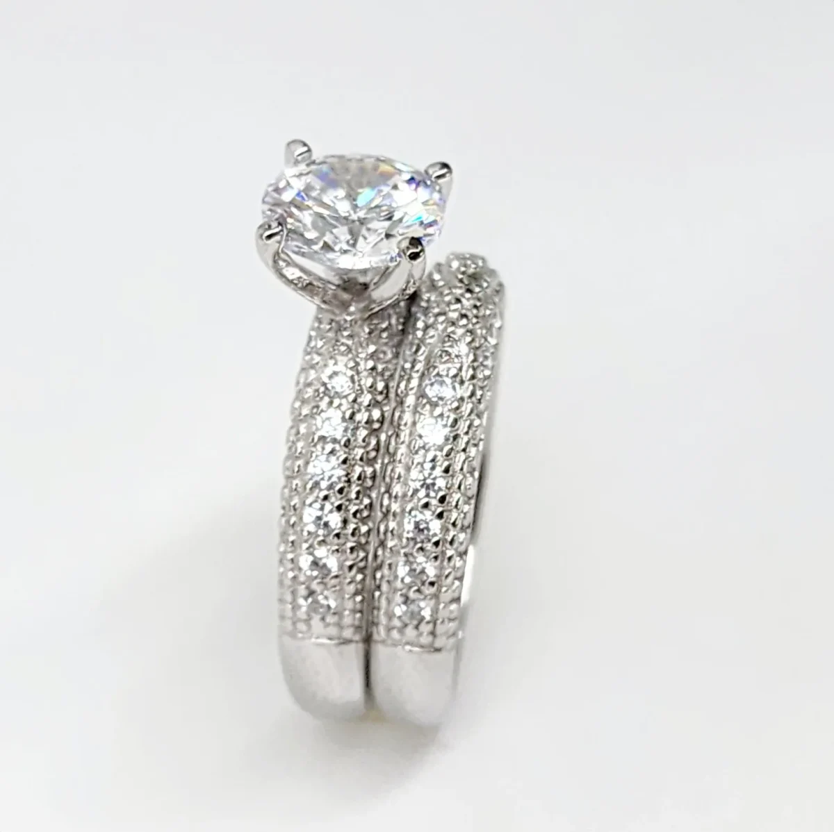 Sterling Silver Round Cut Solitaire Bridal Wedding Set with Matching Micro Pave Wedding Band