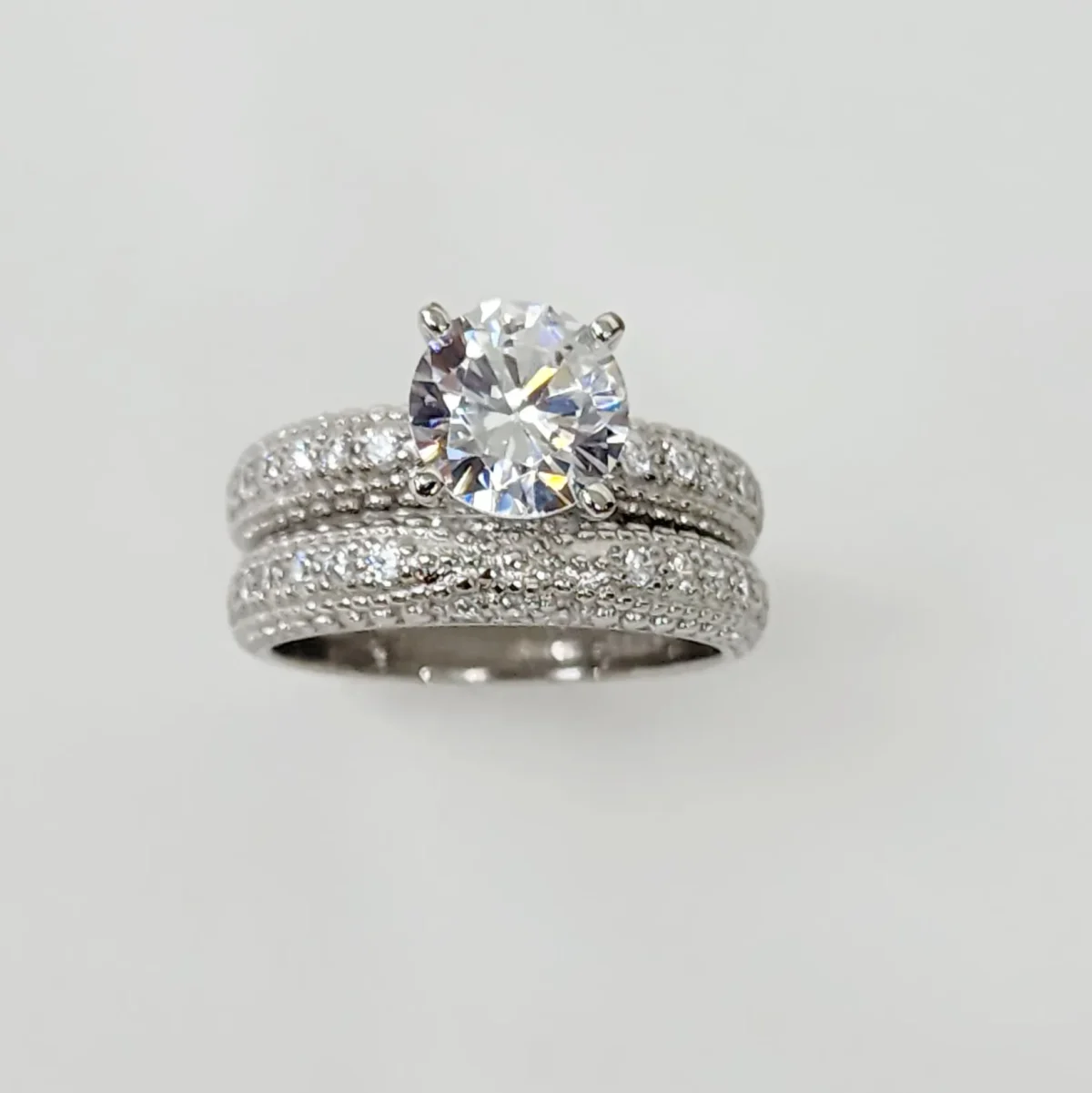 Sterling Silver Round Cut Solitaire Bridal Wedding Set with Matching Micro Pave Wedding Band