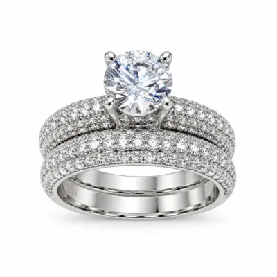 Sterling Silver Round Cut Solitaire Bridal Wedding Set with Matching Micro Pave Wedding Band