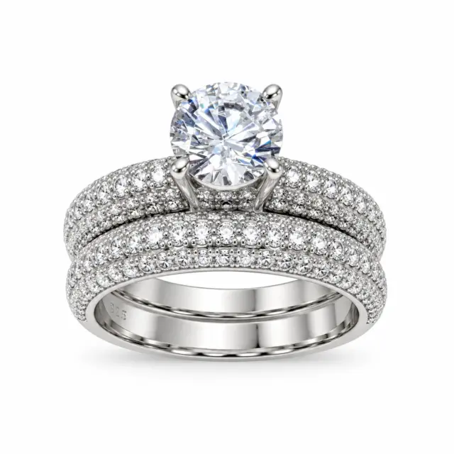 Sterling Silver Round Cut Solitaire Bridal Wedding Set with Matching Micro Pave Wedding Band