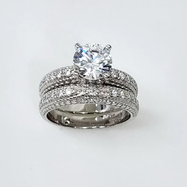 Sterling Silver Round Cut Solitaire Bridal Wedding Set with Matching Micro Pave Wedding Band