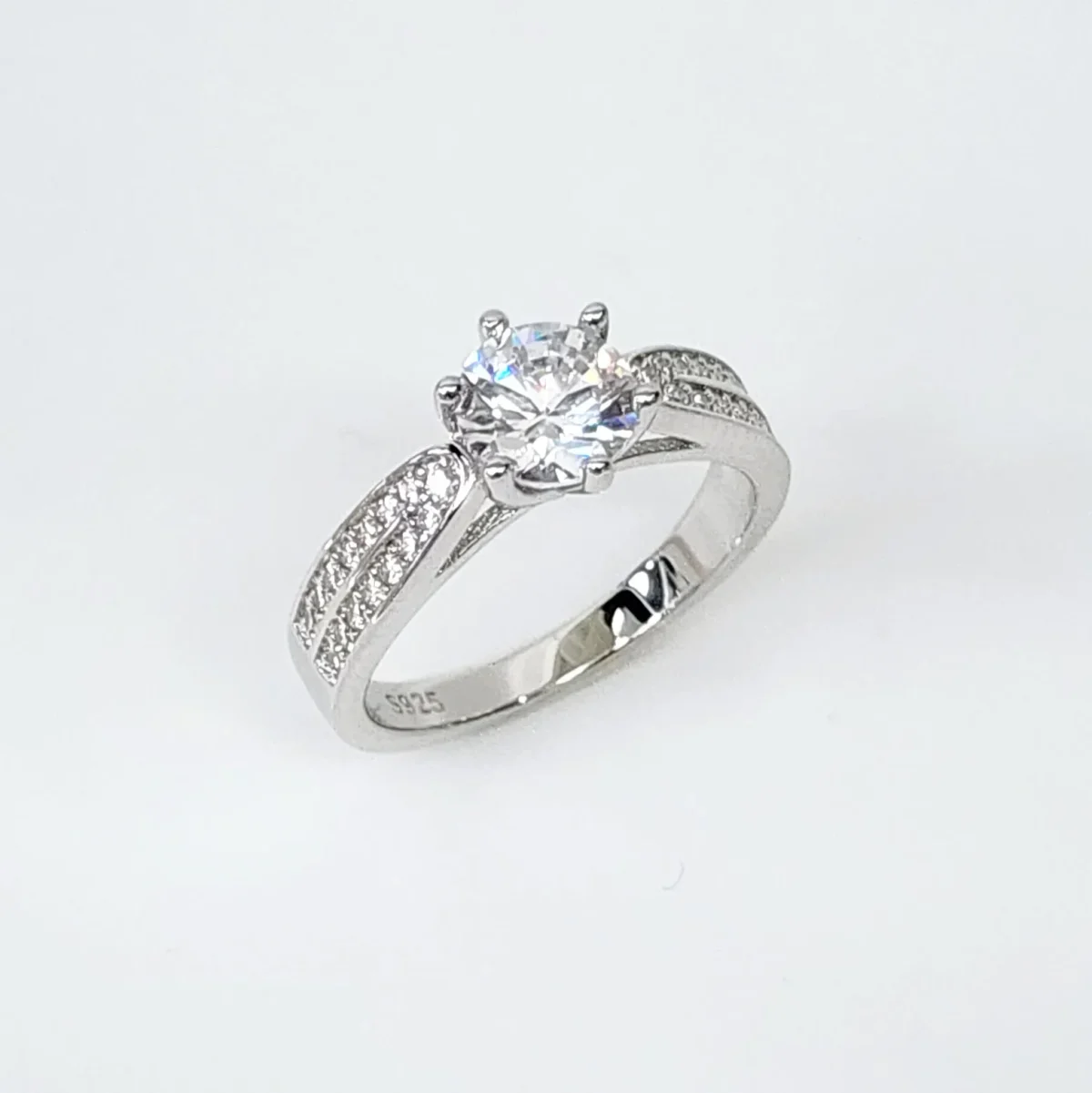 Sterling Silver Round Cut Two Rows Pave Set Accents Solitaire Engagement Ring CZ Setting