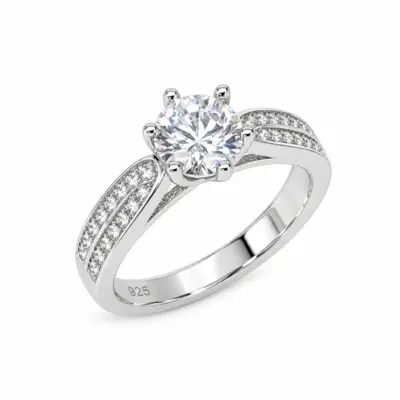 Sterling Silver Round Cut Two Rows Pave Set Accents Solitaire Engagement Ring CZ Setting