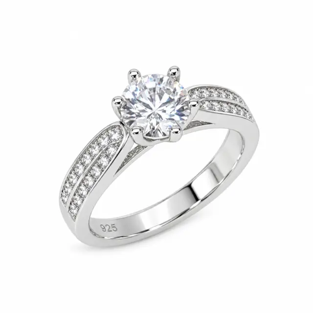 Sterling Silver Round Cut Two Rows Pave Set Accents Solitaire Engagement Ring CZ Setting