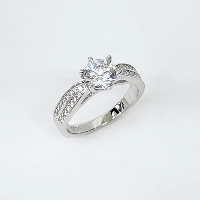 Sterling Silver Round Cut Two Rows Pave Set Accents Solitaire Engagement Ring CZ Setting