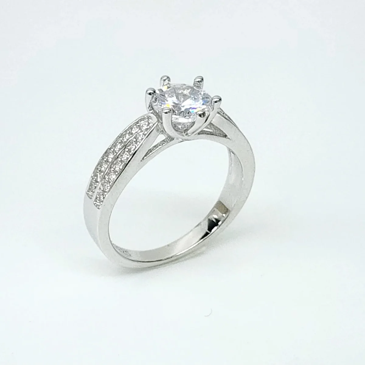 Sterling Silver Round Cut Two Rows Pave Set Accents Solitaire Engagement Ring CZ Setting
