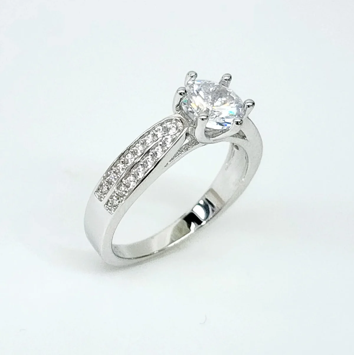 Sterling Silver Round Cut Two Rows Pave Set Accents Solitaire Engagement Ring CZ Setting