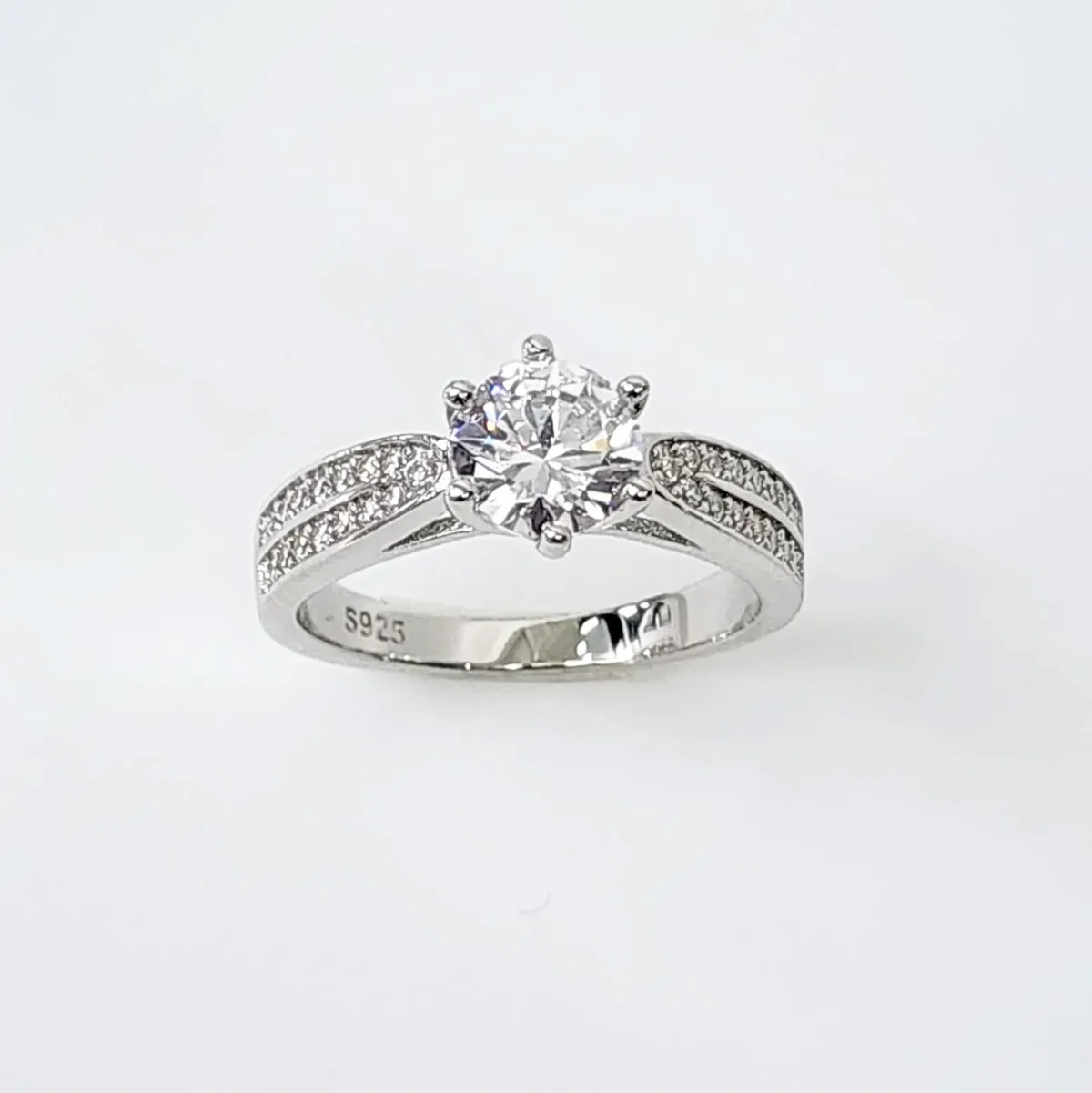 Sterling Silver Round Cut Two Rows Pave Set Accents Solitaire Engagement Ring CZ Setting