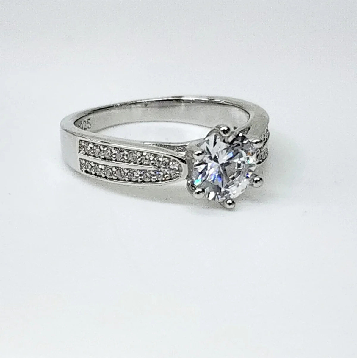 Sterling Silver Round Cut Two Rows Pave Set Accents Solitaire Engagement Ring CZ Setting