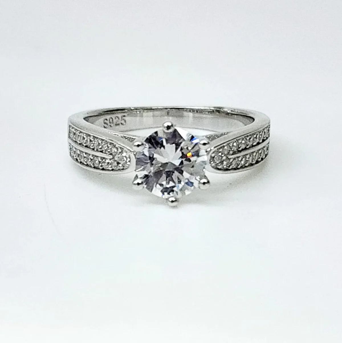 Sterling Silver Round Cut Two Rows Pave Set Accents Solitaire Engagement Ring CZ Setting