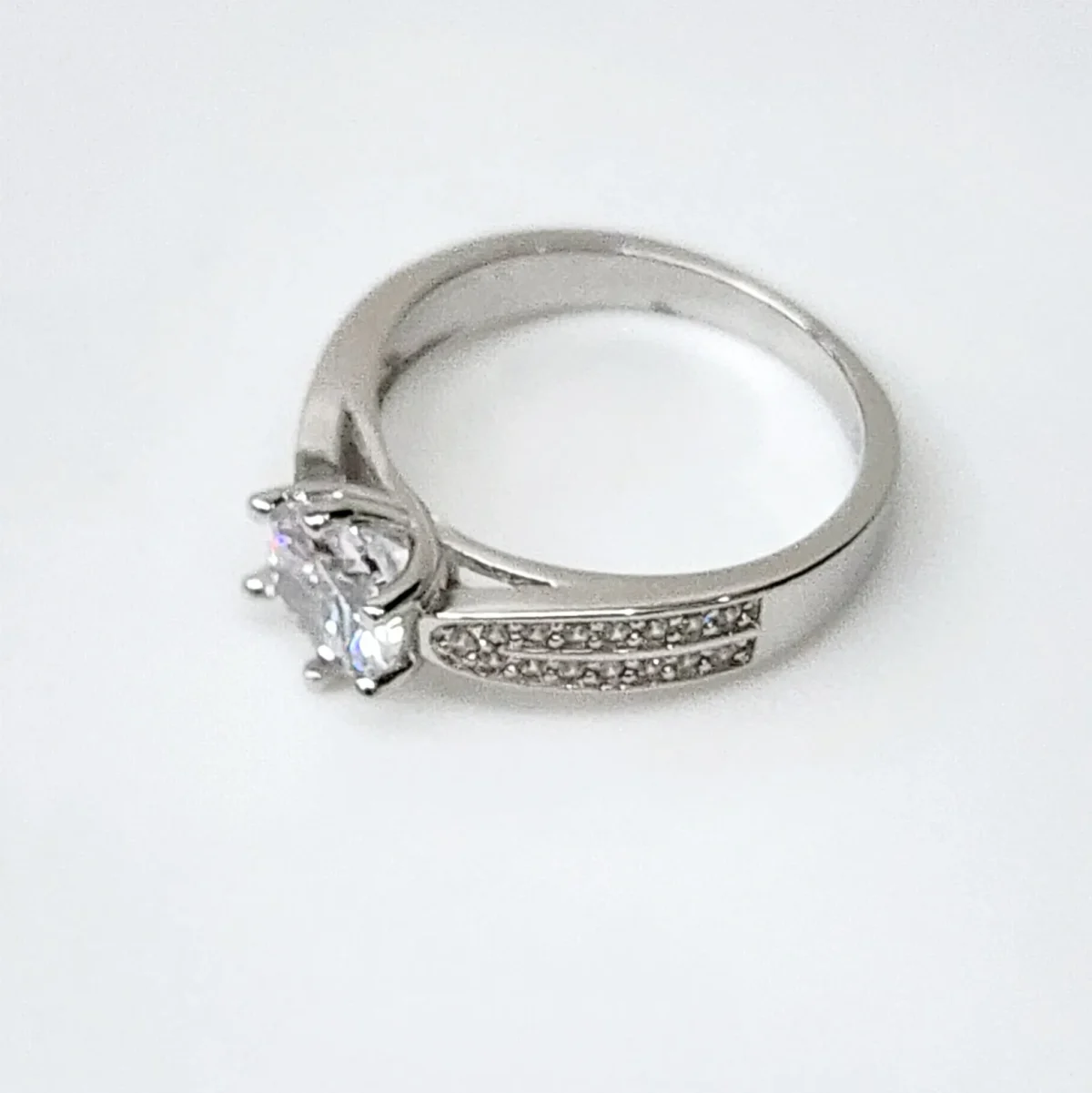Sterling Silver Round Cut Two Rows Pave Set Accents Solitaire Engagement Ring CZ Setting