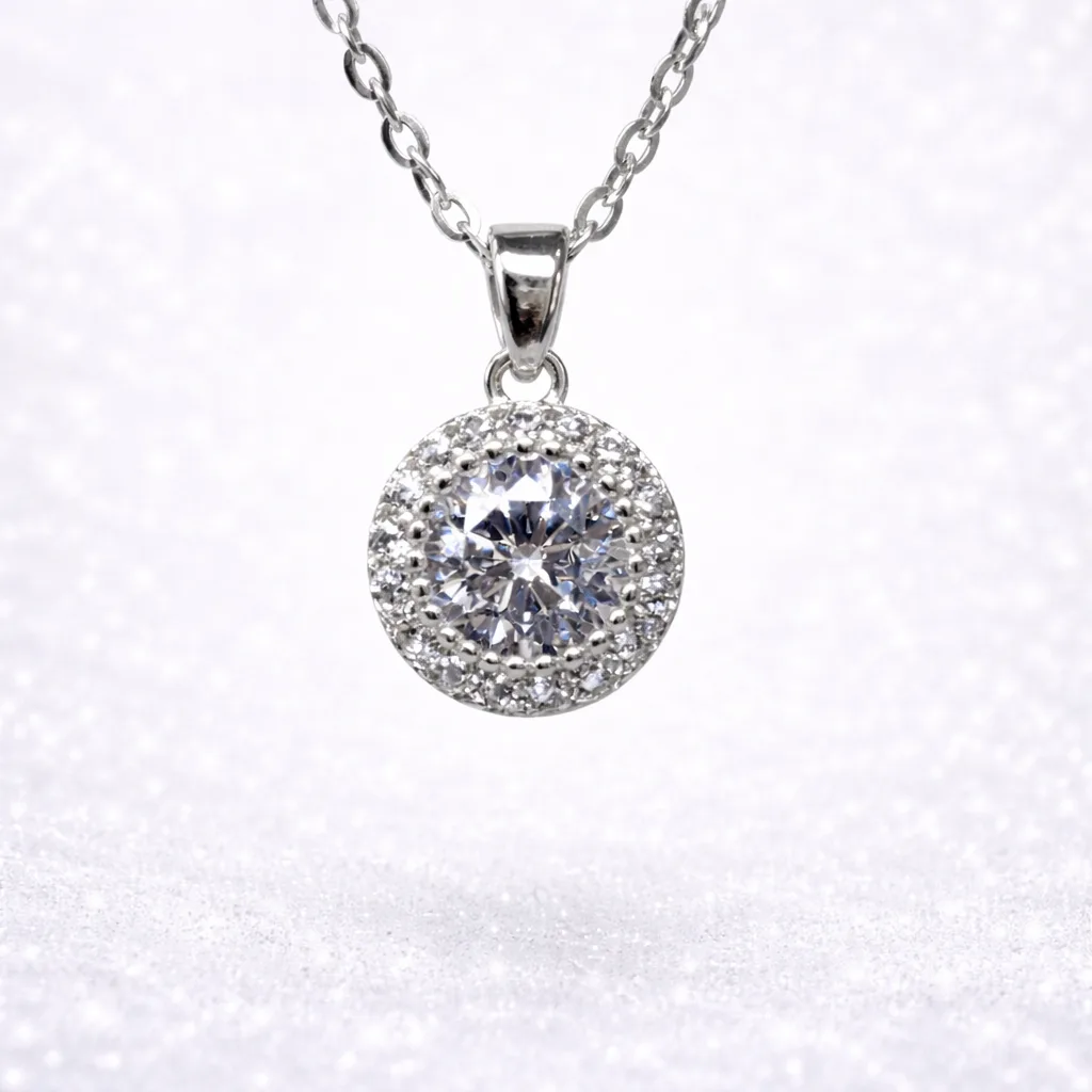 Sterling Silver Round CZ Halo Pendant Necklace – Micro Claw Set Centre with Sparkling Halo - V08228HP