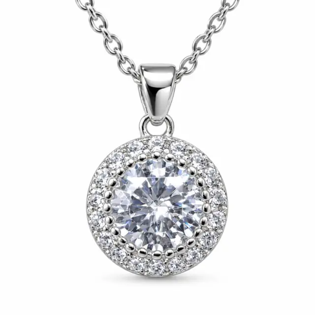 Sterling Silver Round CZ Halo Pendant Necklace – Micro Claw Set Centre with Sparkling Halo - V08228HP