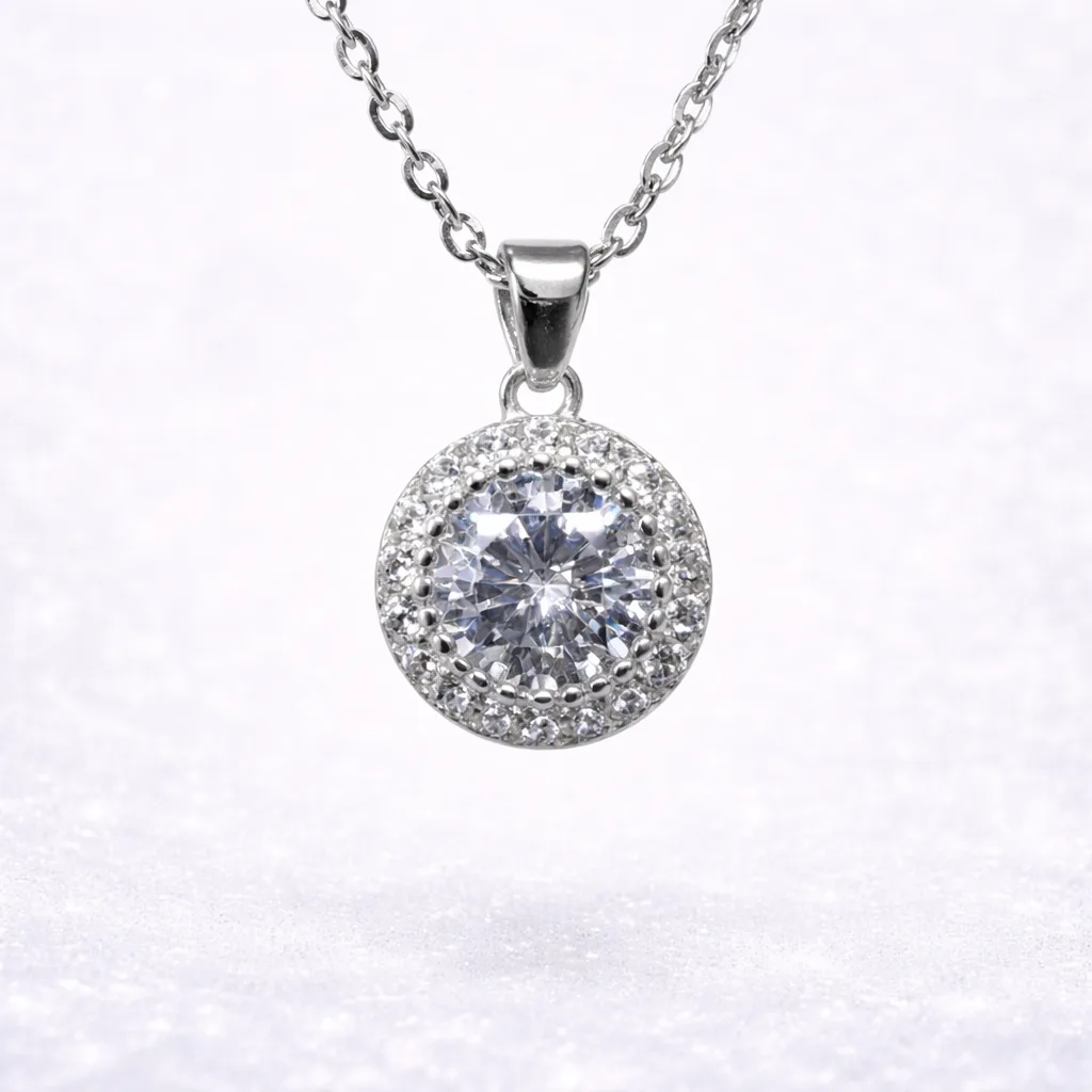 Sterling Silver Round CZ Halo Pendant Necklace – Micro Claw Set Centre with Sparkling Halo - V08228HP