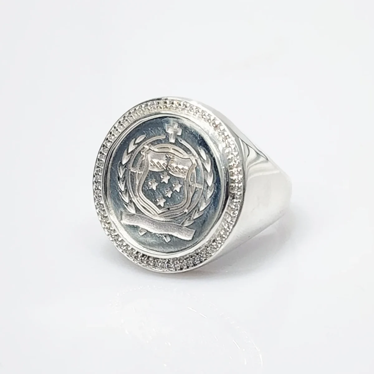 Sterling Silver Samoan Sila Coin Ring With Cubic Zirconia Setting