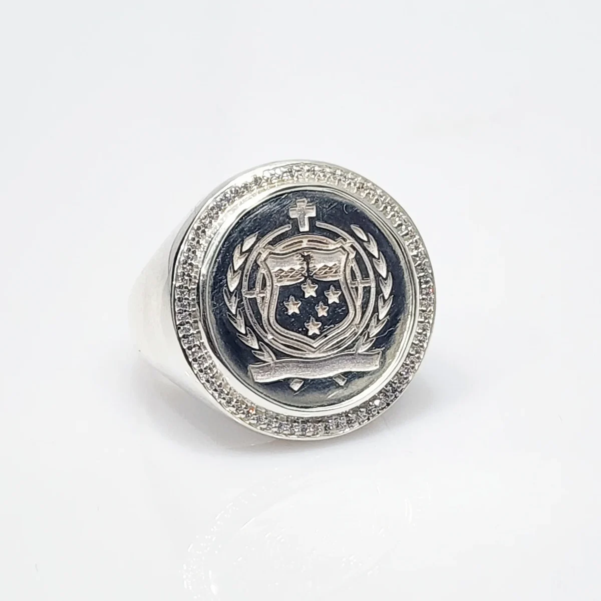 Sterling Silver Samoan Sila Coin Ring With Cubic Zirconia Setting