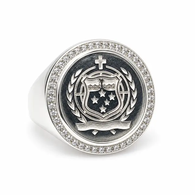 Sterling Silver Samoan Sila Coin Ring With Cubic Zirconia Setting