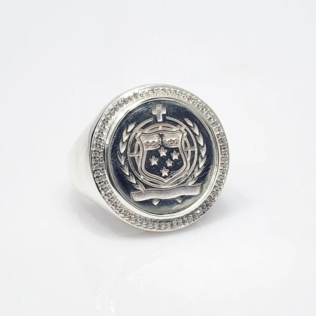 Sterling Silver Samoan Sila Coin Ring With Cubic Zirconia Setting
