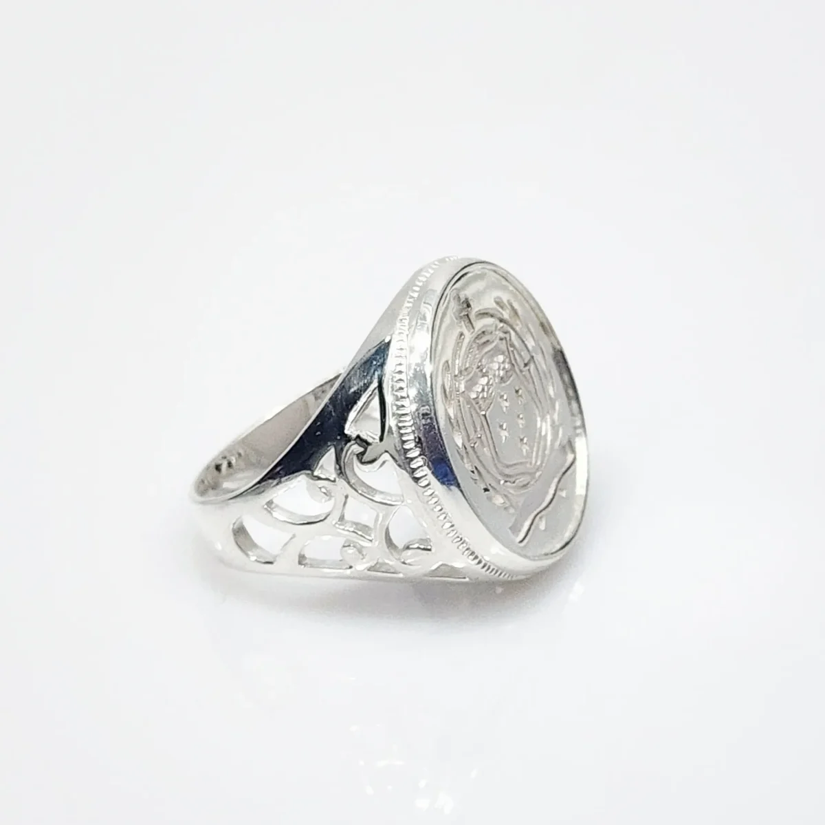 Sterling Silver Samoan Sila Coin Ring with Filigree Ring Mount