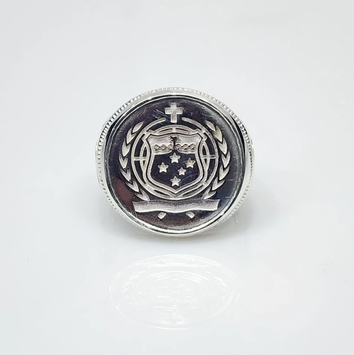 Sterling Silver Samoan Sila Coin Ring with Filigree Ring Mount