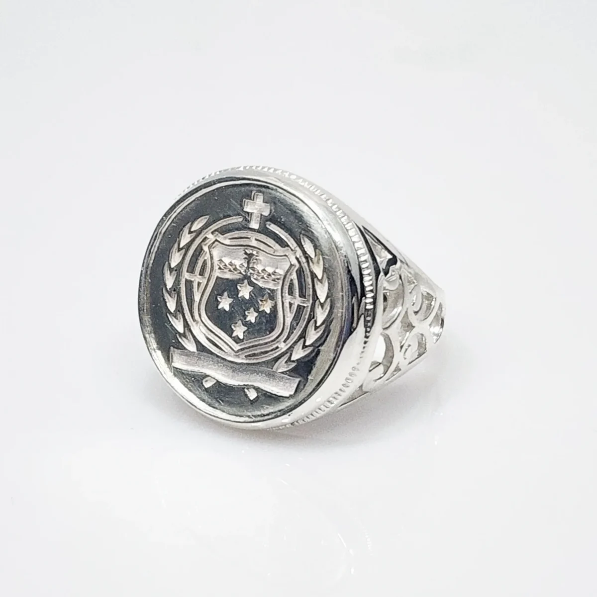 Sterling Silver Samoan Sila Coin Ring with Filigree Ring Mount